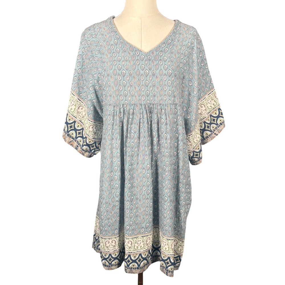 by.J Blue Leaf Print Babydoll Tunic Dress V-Neck Kimono Sleeve Boho Women